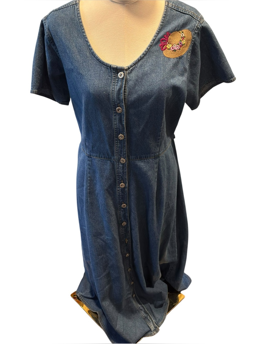 Crossroads Denim Shirt Dress Womens 16 Blue Embroidered Hat Floral Belt Cotton